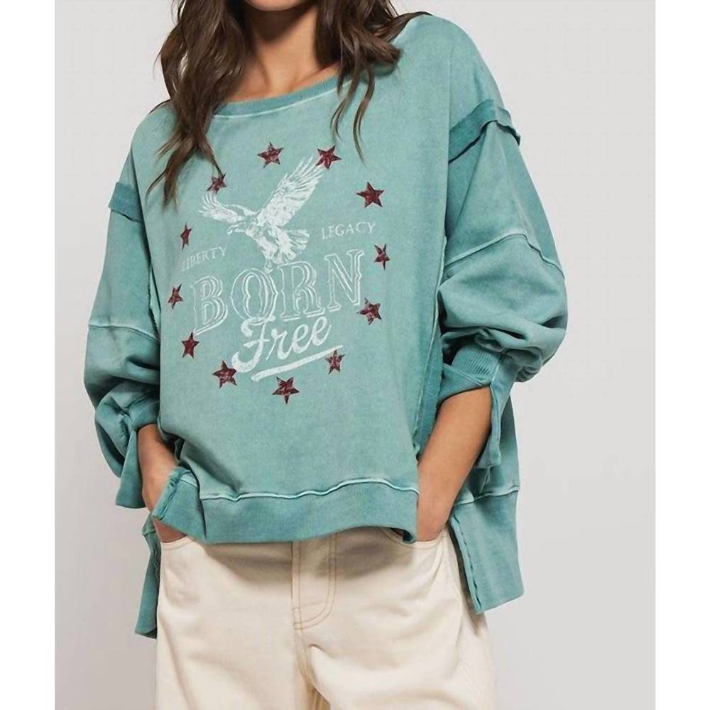 NEW TREND:NOTES americana born free graphic crewneck top in teal grey